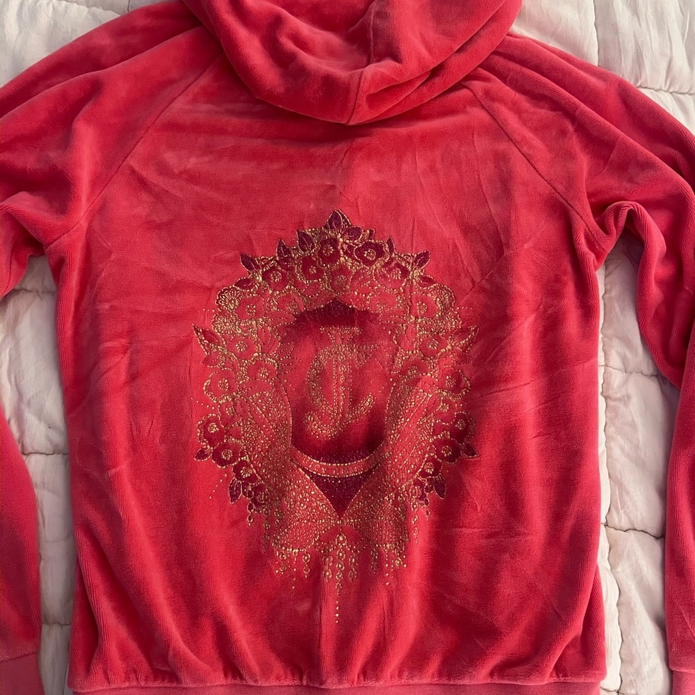 Juicy Couture Coral Pink Velour Hoodie with Gold Back Graphic